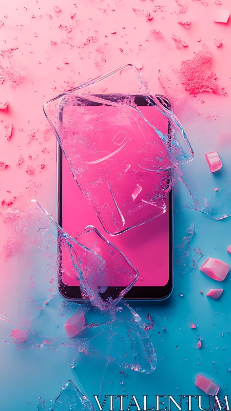 Broken smartphone screen with shattered glass on neon background.