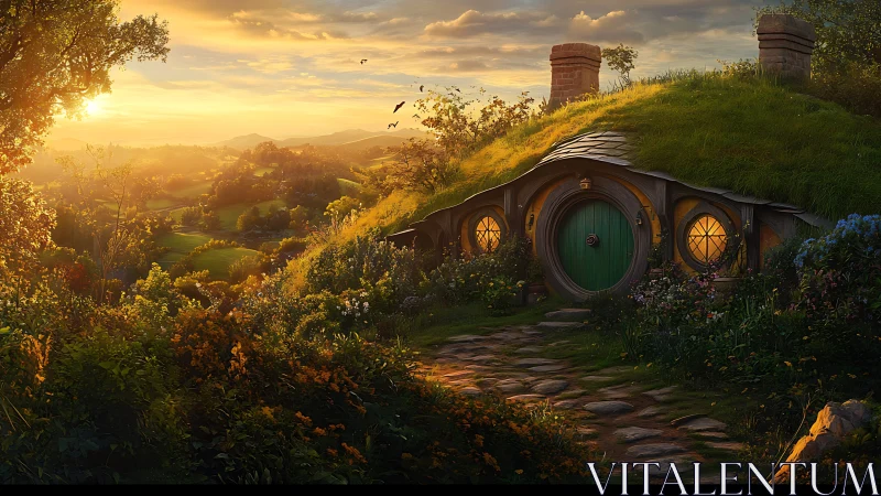 Sunset curls over a hillside hobbit home dreaming quietly