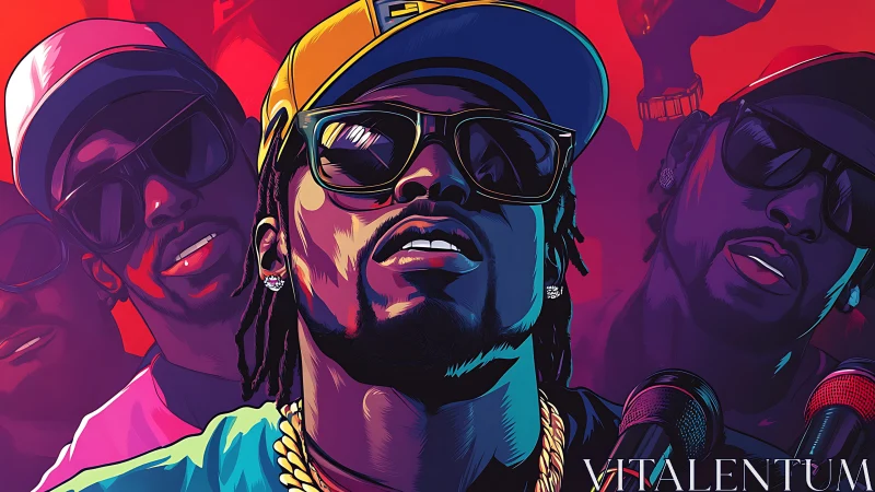 Bold neon hip-hop portrait radiates concert-stage energy.