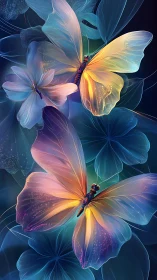 Luminous gradient butterflies over translucent floral field.
