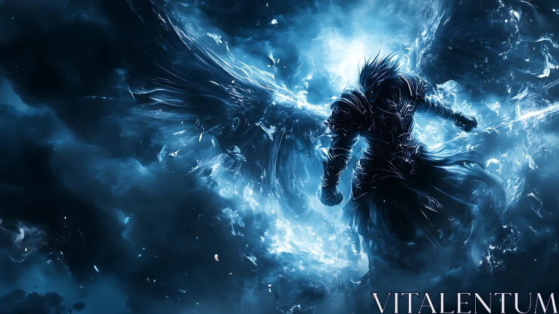 Midnight winged warrior rising through swirling blue light.