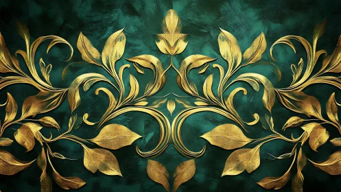 Gold botanical scrollwork on textured emerald green background.