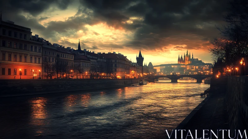 Riverside cityscape shows illuminated buildings at dusk