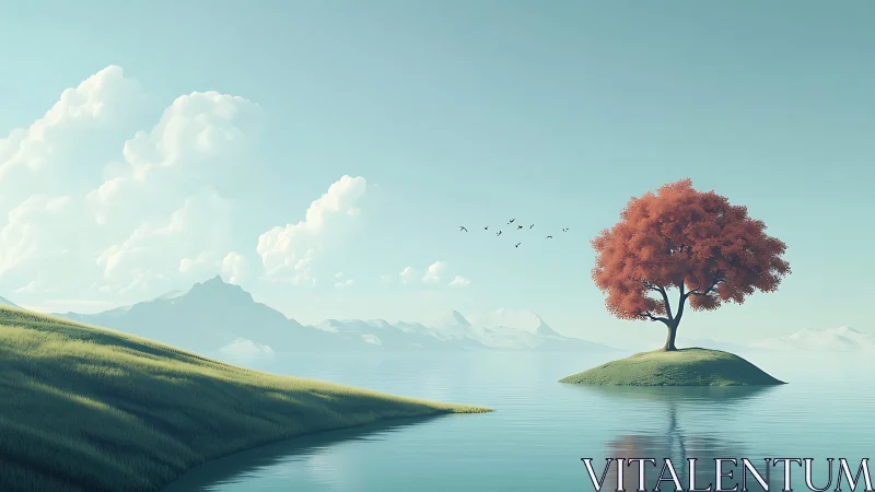 Solitary red tree rises over calm reflective lake island