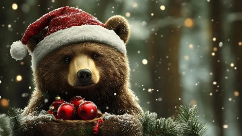 Realistic brown bear in Santa hat with red ornaments outdoors