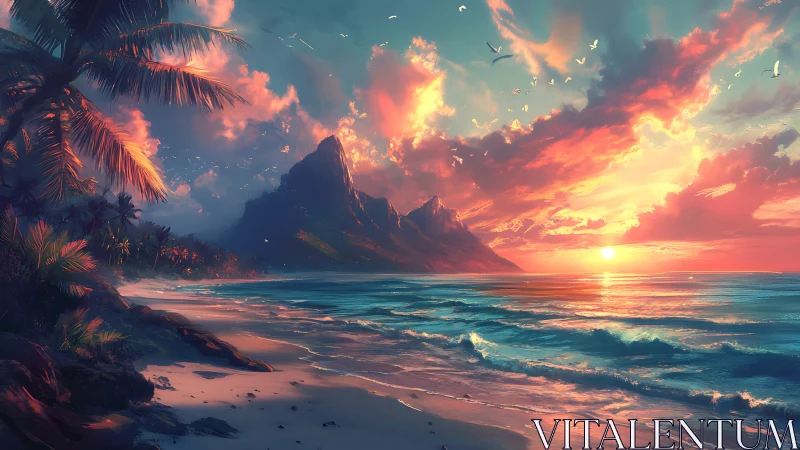 Tropical shoreline glows beneath radiant fantasy sunset sky.