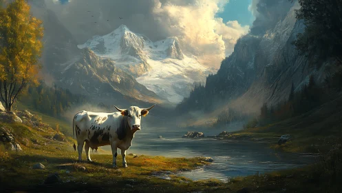 Gentle cow enjoys a peaceful alpine valley under glowing peaks