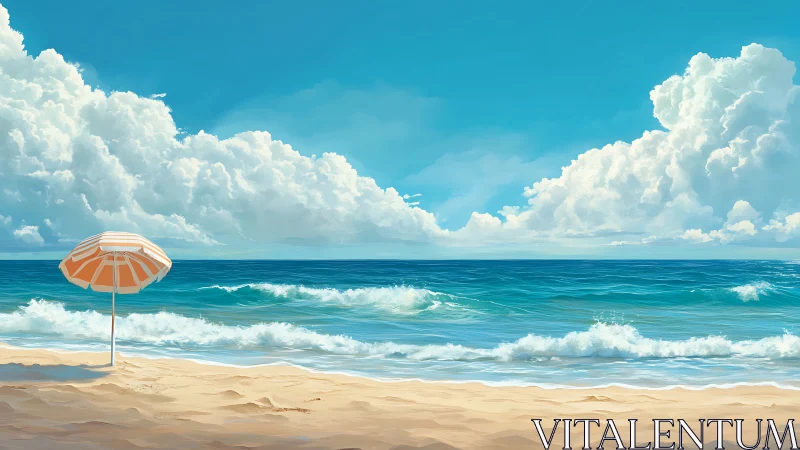 Solitary striped umbrella listens to the slow-talking sea