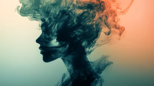 Smokelike female profile seamlessly morphs into abstract vapor