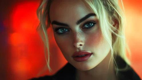 Close-up portrait of blonde woman against red bokeh background.