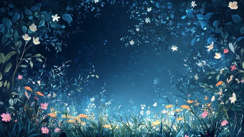 Night garden clearing shows dense flowers and starry sky