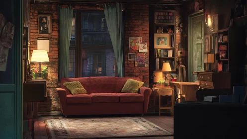 Cozy brick loft living room glowing with warm evening light.
