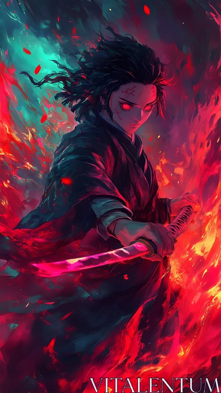 Fierce anime swordsman stands amid swirling red firelight