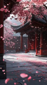 Petal-laden breeze turns a quiet temple corridor luminous
