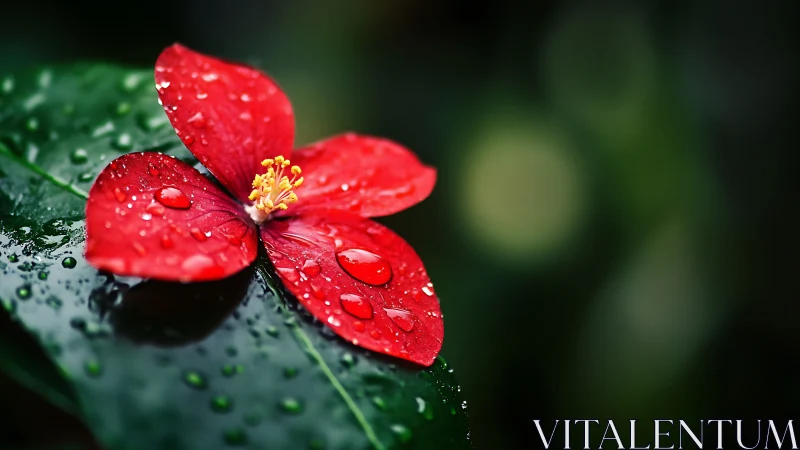 Red flower macro with rain droplets on dark green leaves.