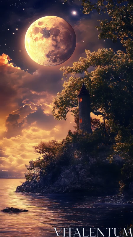 Moonlit coastal tower framed by trees and calm water.