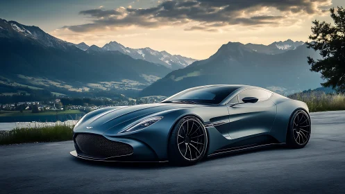 Sports coupe parked on mountain road at sunset landscape.