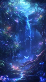 Enchanted bioluminescent forest waterfall glows at night.