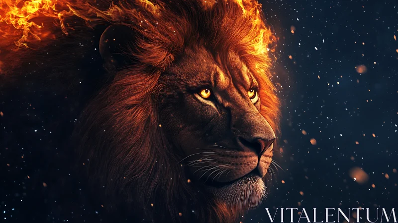 Fiery lion portrait with blazing mane in dark night sky.