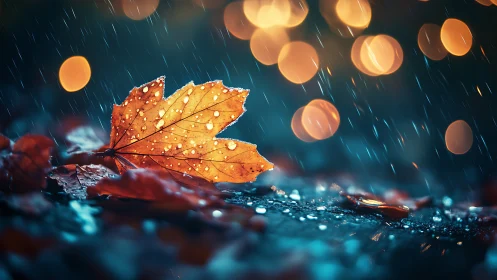 Photorealistic autumn leaf macro under rain and bokeh lights.
