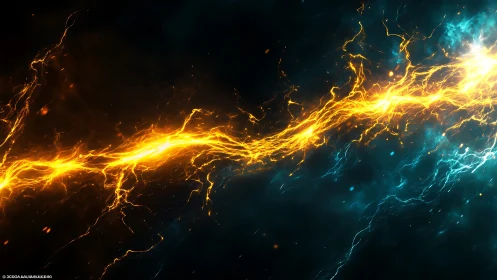 Electric energy stream cuts through neon cosmic darkness.