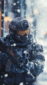 Armored soldier holding rifle in heavy urban snowfall.