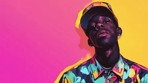 Portrait of man in colorful shirt against pink yellow split background