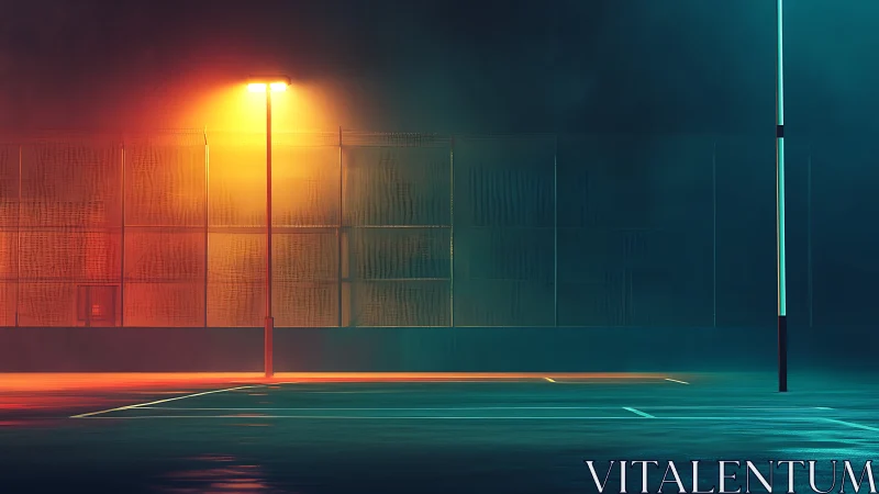 Empty court sits under split orange and teal street lighting