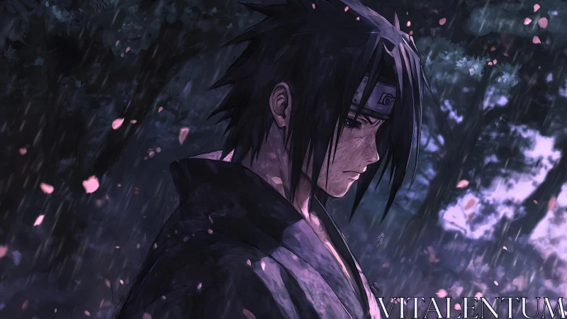 Solitary anime figure in rainy forest with falling petals.