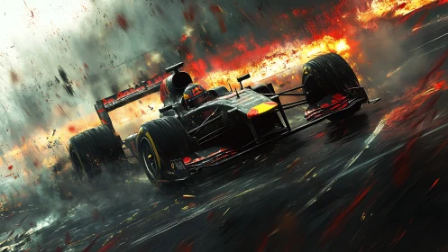 Hybrid F1 car cornering through wet track firestorm at speed.