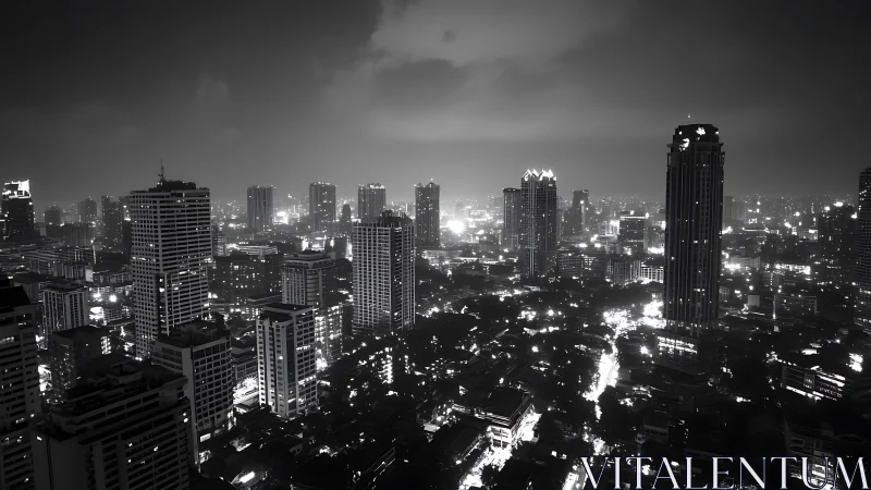 Monochrome towers hum while night traffic sketches bright veins