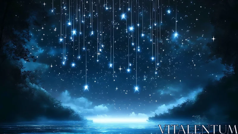 Falling starlight over tranquil night lake panorama.