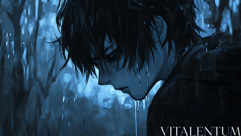 Melancholic anime boy profile standing alone in blue rain.