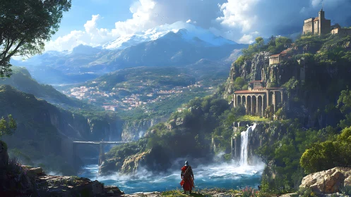 Lone traveler surveys vast valley, waterfall and citadel.