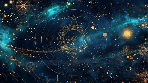 Geometric orbital schematics overlay a star-filled deep space field