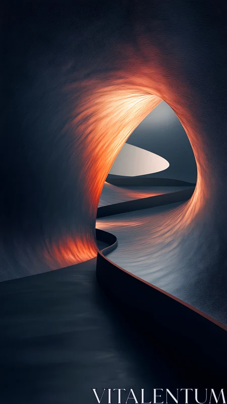 Curved abstract tunnel with gradient lighting and forms.