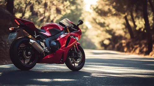 Sport motorcycle stands on empty forest road at sunset