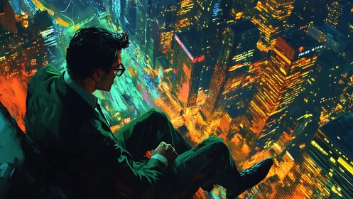 Man in suit overlooks illuminated cityscape from elevation