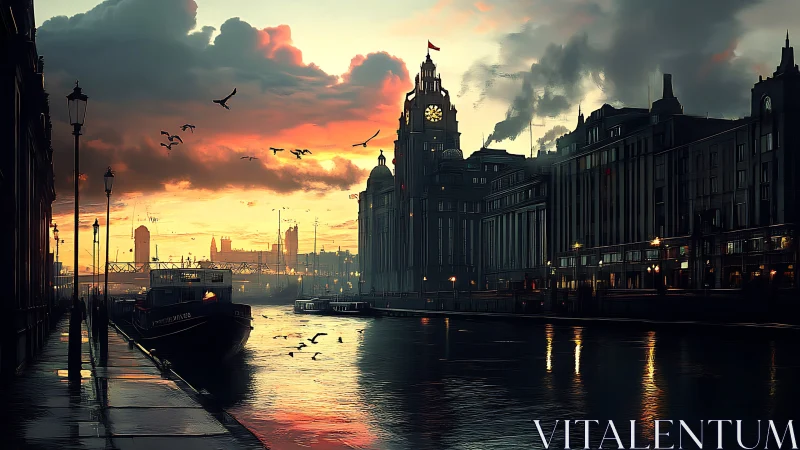 Riverside urban skyline with clock tower at sunset period.