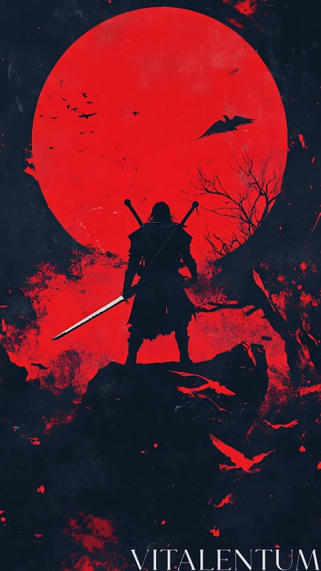 Silhouetted swordsman against overscaled crimson lunar disk.