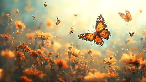 Monarch butterfly swarm over sunlit bokeh-diffused meadow.
