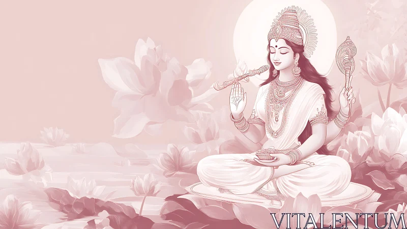 Lotus-lit goddess settles into tranquil musical blessing