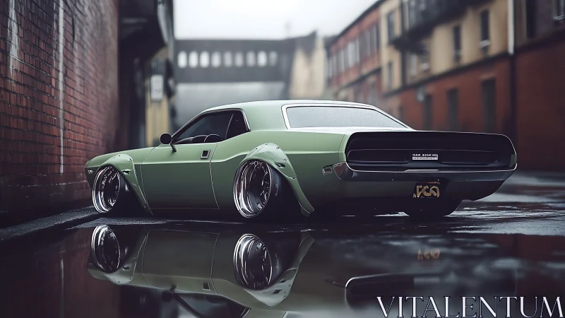 Low-slung mint muscle car prowls a rain-slicked back alley.