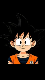 Cheerful spiky‑haired warrior beams from inky black void