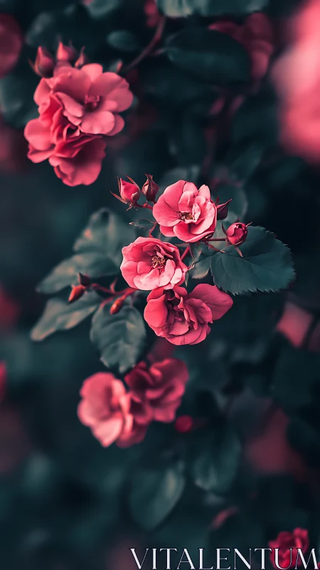 Vibrant Pink Roses Blooming in Moody Garden Light.