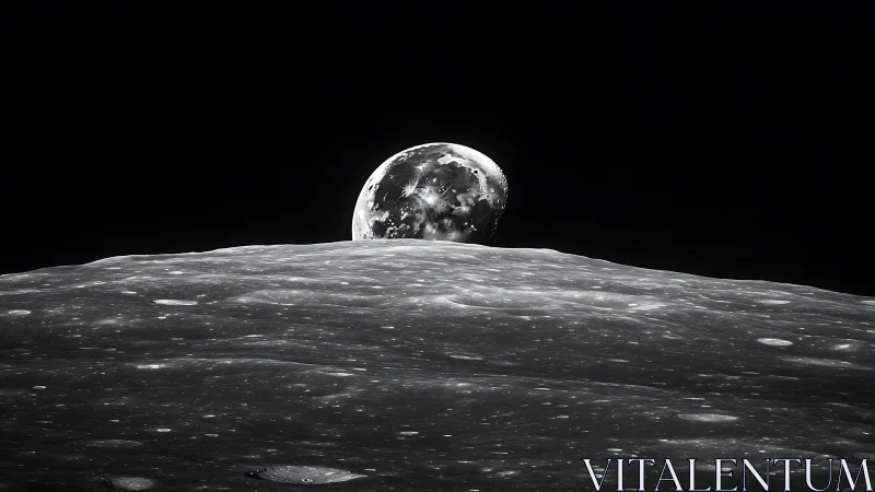 Monochrome Earthrise above cratered lunar horizon in space.