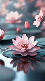 Soft pink water lilies drift on glassy, reflective water.