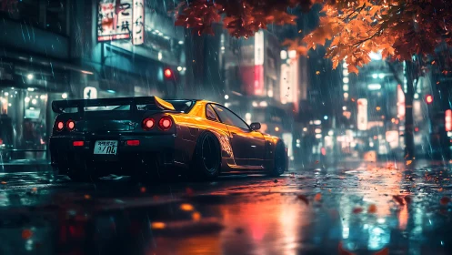 Wide-angle neon-lit street scene renders tuned coupe in rain