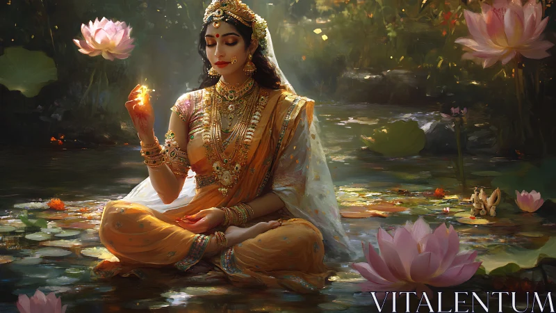 Ornate goddess in lotus pond, golden-hour meditative stillness