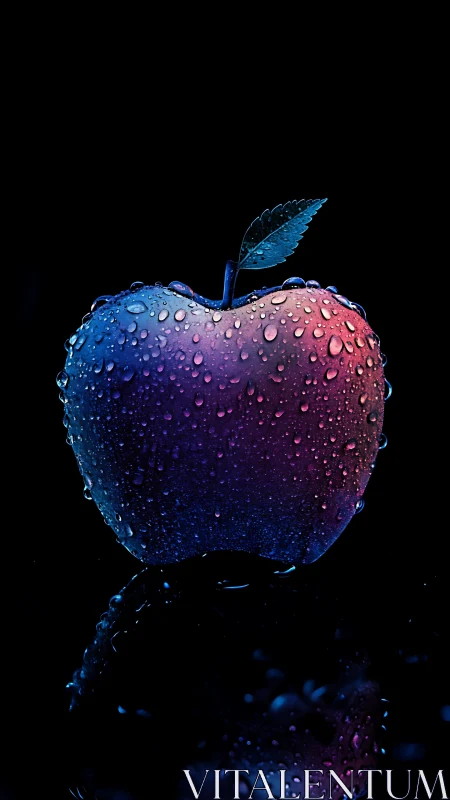Water droplets on gradient lit apple against black background.